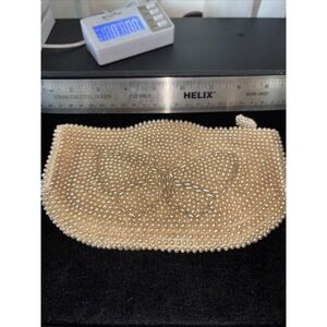 Vintage Beaded Off White Handbag Clutchbutterfly pearls HandMade Japan 3847